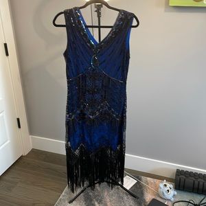 Royal Blue Women's Flapper Dresses V Neck 1920s Beaded Fringed Great Gatsby